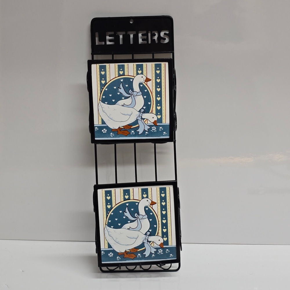 Vintage Country Geese Ceramic Tile Metal Letter Mail Holder Wall Decor Blue Boho